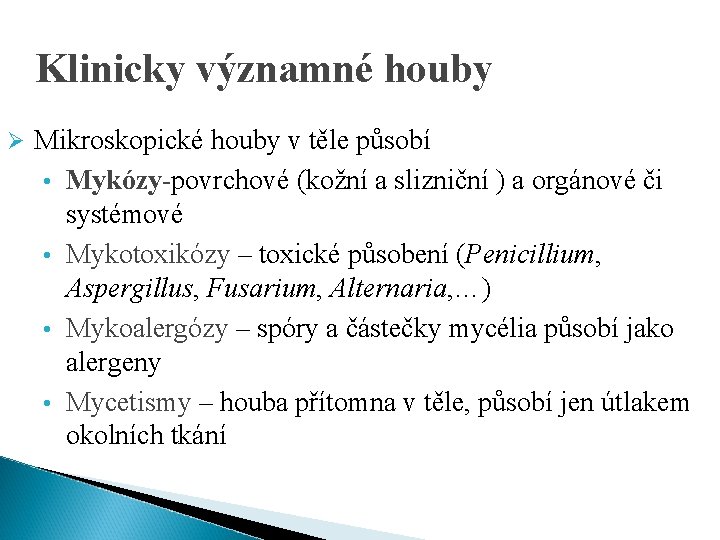 Klinicky významné houby Ø Mikroskopické houby v těle působí • Mykózy-povrchové (kožní a slizniční