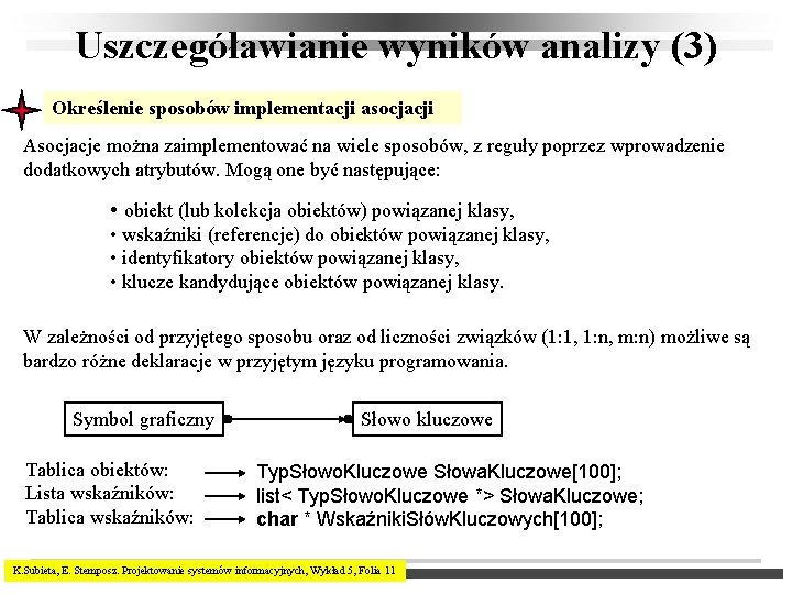 Uszczegóławianie wyników analizy (3) Określenie sposobów implementacji asocjacji Asocjacje można zaimplementować na wiele sposobów,