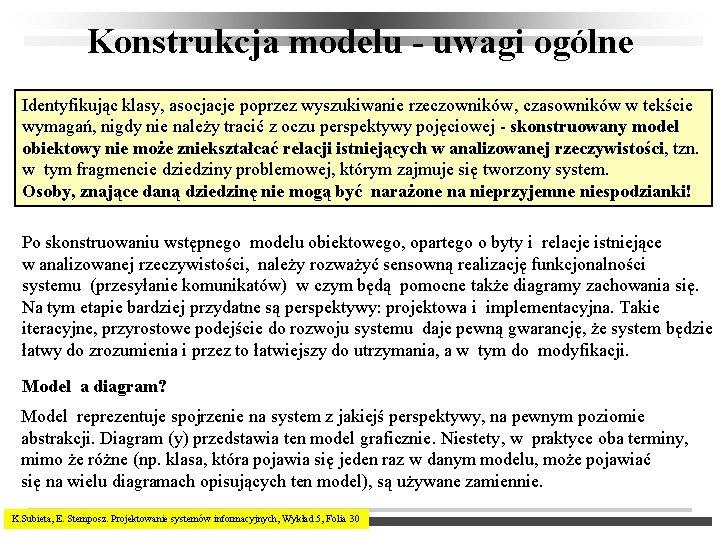 Konstrukcja modelu - uwagi ogólne Identyfikując klasy, asocjacje poprzez wyszukiwanie rzeczowników, czasowników w tekście