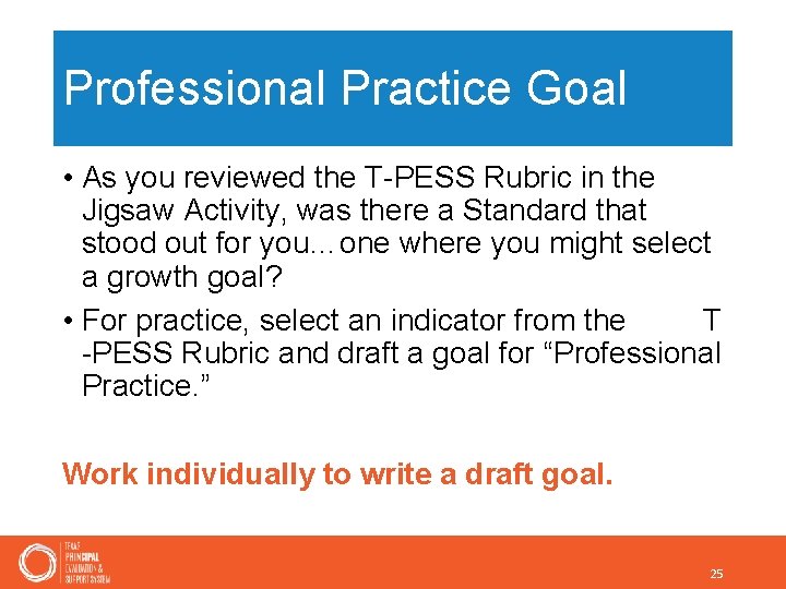 Professional Practice Goal • As you reviewed the T-PESS Rubric in the Jigsaw Activity,