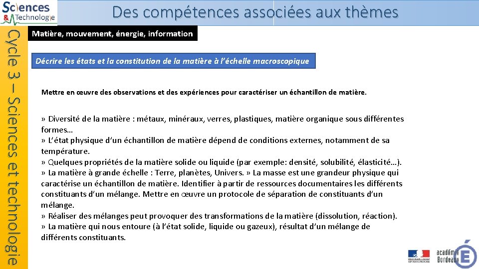 Des compétences associées aux thèmes Cycle 3 – Sciences et technologie Matière, mouvement, énergie, Des compétences associées aux thèmes Cycle 3 – Sciences et technologie Matière, mouvement, énergie,