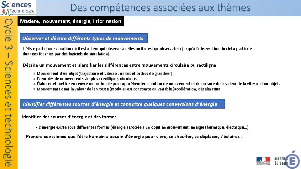 Des compétences associées aux thèmes Cycle 3 – Sciences et technologie Matière, mouvement, énergie, Des compétences associées aux thèmes Cycle 3 – Sciences et technologie Matière, mouvement, énergie,