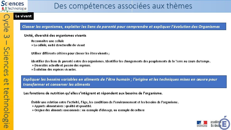 Des compétences associées aux thèmes Cycle 3 – Sciences et technologie Le vivant Classer Des compétences associées aux thèmes Cycle 3 – Sciences et technologie Le vivant Classer