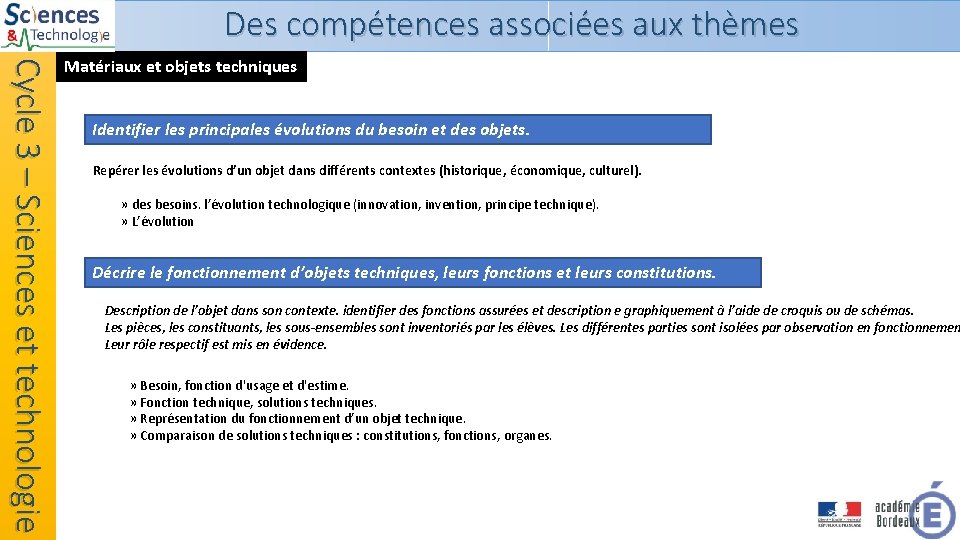 Des compétences associées aux thèmes Cycle 3 – Sciences et technologie Matériaux et objets Des compétences associées aux thèmes Cycle 3 – Sciences et technologie Matériaux et objets