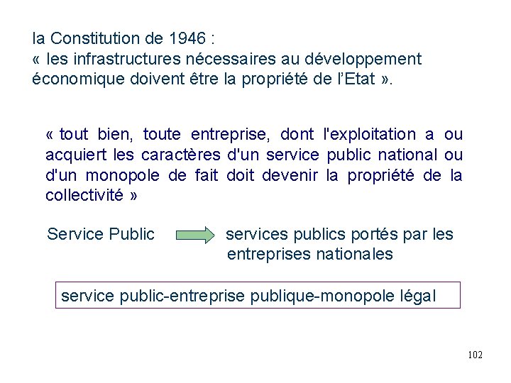 la Constitution de 1946 : « les infrastructures nécessaires au développement économique doivent être la Constitution de 1946 : « les infrastructures nécessaires au développement économique doivent être
