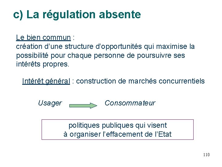 c) La régulation absente Le bien commun : création d’une structure d’opportunités qui maximise c) La régulation absente Le bien commun : création d’une structure d’opportunités qui maximise