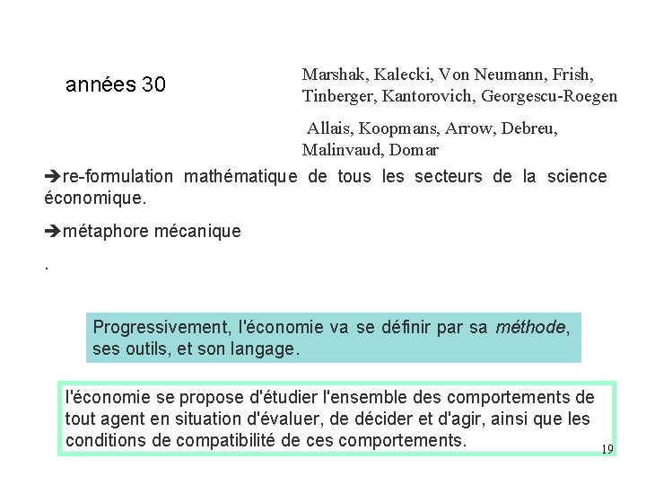 années 30 Marshak, Kalecki, Von Neumann, Frish, Tinberger, Kantorovich, Georgescu-Roegen Allais, Koopmans, Arrow, Debreu, années 30 Marshak, Kalecki, Von Neumann, Frish, Tinberger, Kantorovich, Georgescu-Roegen Allais, Koopmans, Arrow, Debreu,