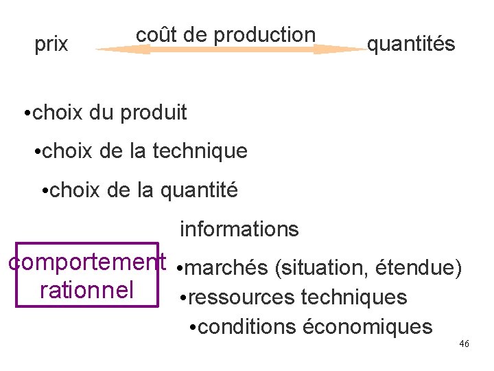 prix coût de production quantités • choix du produit • choix de la technique prix coût de production quantités • choix du produit • choix de la technique