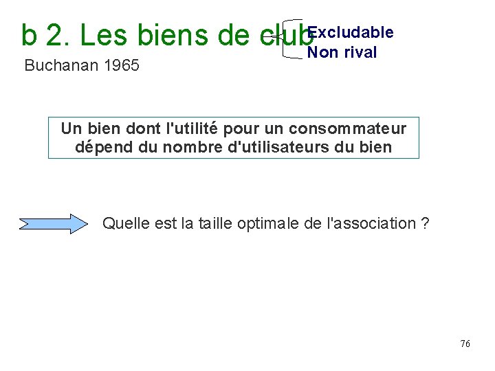 b 2. Les biens de club. Excludable Non rival Buchanan 1965 Un bien dont b 2. Les biens de club. Excludable Non rival Buchanan 1965 Un bien dont