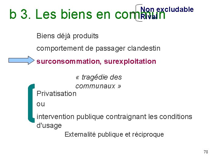 Non excludable Rival b 3. Les biens en commun Biens déjà produits comportement de Non excludable Rival b 3. Les biens en commun Biens déjà produits comportement de