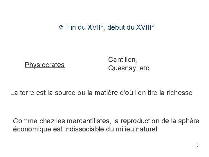 Fin du XVII°, début du XVIII° Physiocrates Cantillon, Quesnay, etc. La terre est Fin du XVII°, début du XVIII° Physiocrates Cantillon, Quesnay, etc. La terre est