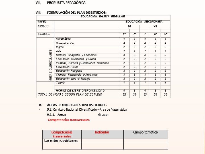 VII. PROPUESTA PEDAGÓGICA VIII. FORMULACIÓN DEL PLAN DE ESTUDIOS: EDUCACIÓN BÁSICA REGULAR NIVEL EDUCACIÓN