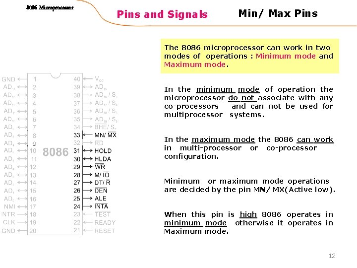 8086 Microprocessor Pins and Signals Min/ Max Pins The 8086 microprocessor can work in