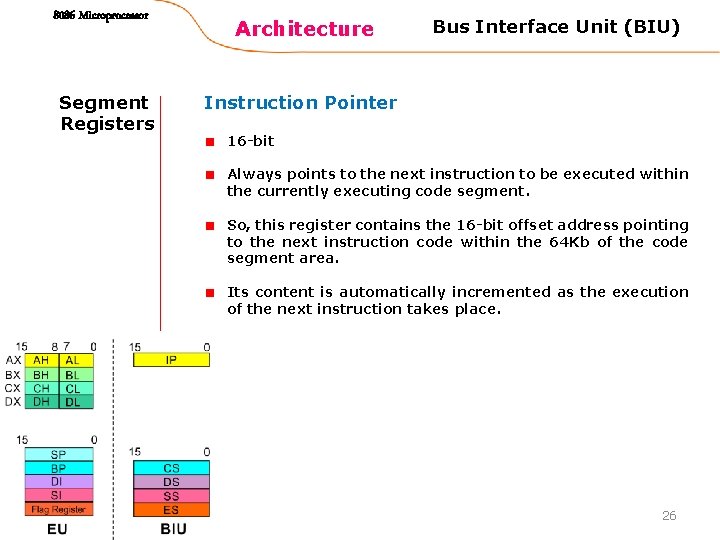 8086 Microprocessor Segment Registers Architecture Bus Interface Unit (BIU) Instruction Pointer 16 -bit Always