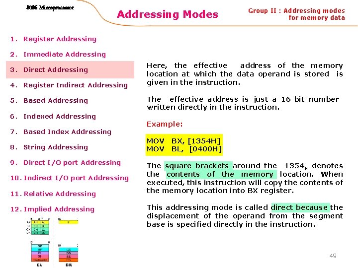 8086 Microprocessor Addressing Modes Group II : Addressing modes for memory data 1. Register