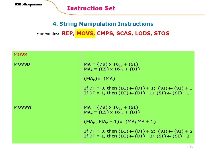 8086 Microprocessor Instruction Set 4. String Manipulation Instructions Mnemonics: REP, MOVS, CMPS, SCAS, LODS,