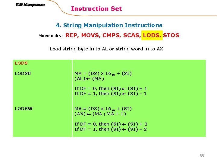 8086 Microprocessor Instruction Set 4. String Manipulation Instructions Mnemonics: REP, MOVS, CMPS, SCAS, LODS,