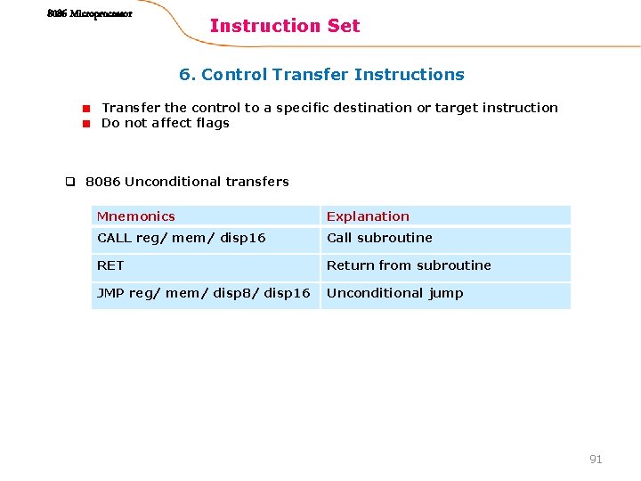 8086 Microprocessor Instruction Set 6. Control Transfer Instructions Transfer the control to a specific
