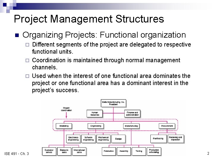 Project Management Structures n Organizing Projects: Functional organization Different segments of the project are