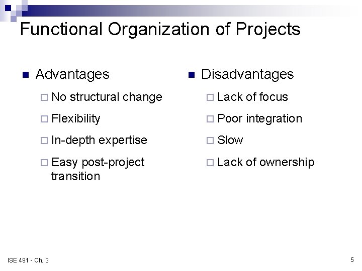 Functional Organization of Projects n Advantages ¨ No structural change n Disadvantages ¨ Lack