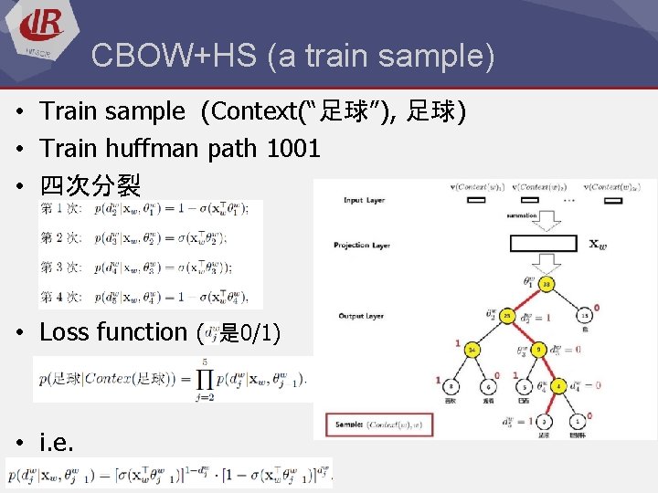 CBOW+HS (a train sample) • Train sample (Context(“足球”), 足球) • Train huffman path 1001
