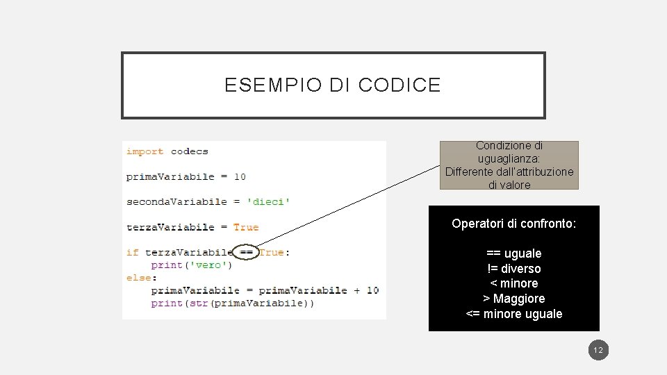 ESEMPIO DI CODICE Condizione di uguaglianza: Differente dall’attribuzione di valore Operatori di confronto: ==