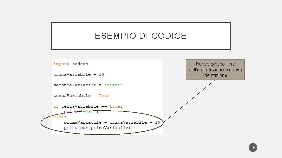 ESEMPIO DI CODICE Nuovo Blocco: fine dell’indentazione e nuova identazione 16 