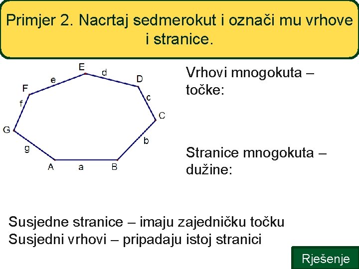 Primjer 2. Nacrtaj sedmerokut i označi mu vrhove i stranice. Vrhovi mnogokuta – točke: