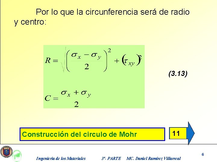 Por lo que la circunferencia será de radio y centro: (3. 13) Construcción del