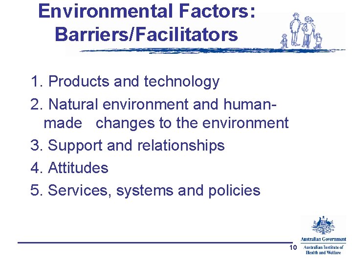 Environmental Factors: Barriers/Facilitators 1. Products and technology 2. Natural environment and humanmade changes to