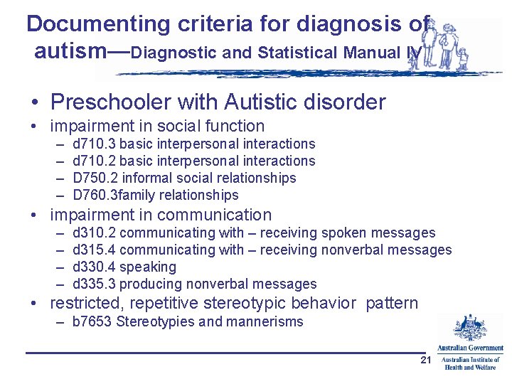 Documenting criteria for diagnosis of autism—Diagnostic and Statistical Manual IV • Preschooler with Autistic