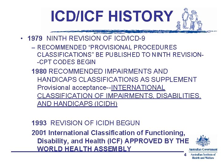 ICD/ICF HISTORY • 1979 NINTH REVISION OF ICD/ICD-9 – RECOMMENDED “PROVISIONAL PROCEDURES CLASSIFICATIONS” BE