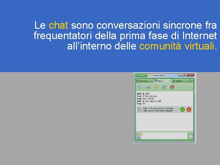 Le chat sono conversazioni sincrone fra frequentatori della prima fase di Internet all’interno delle
