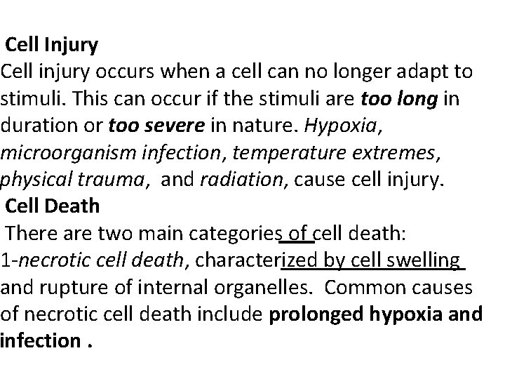 Cell Injury Cell injury occurs when a cell can no longer adapt to stimuli.
