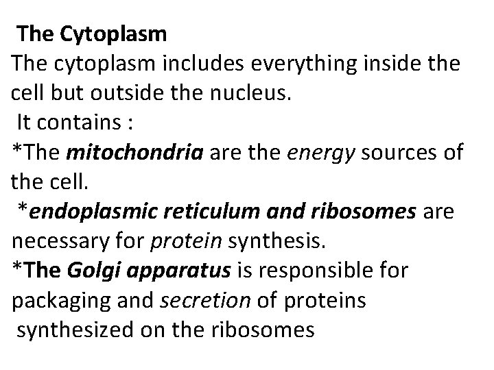 The Cytoplasm The cytoplasm includes everything inside the cell but outside the nucleus. It