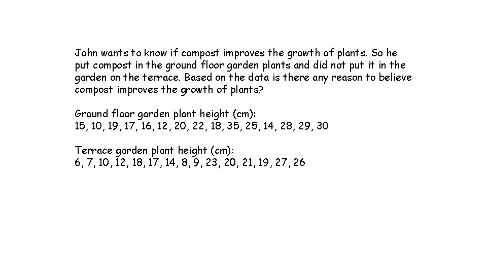 John wants to know if compost improves the growth of plants. So he put John wants to know if compost improves the growth of plants. So he put