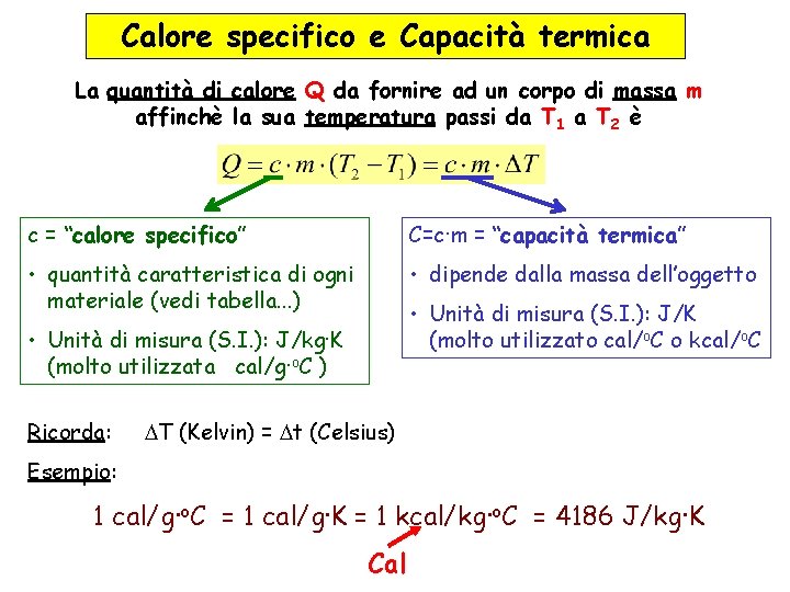 Calore specifico e Capacità termica La quantità di calore Q da fornire ad un