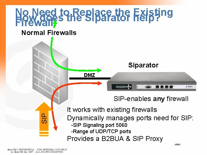 No Need to Replace the Existing How does the Siparator help? Firewall! Normal Firewalls