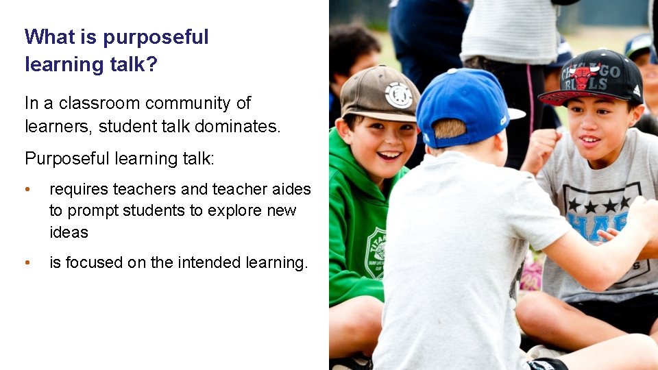 What is purposeful learning talk? In a classroom community of learners, student talk dominates. What is purposeful learning talk? In a classroom community of learners, student talk dominates.