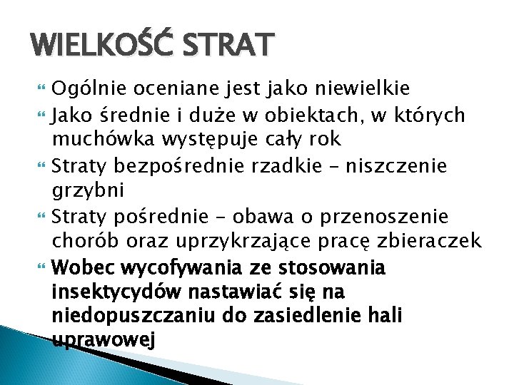 WIELKOŚĆ STRAT Ogólnie oceniane jest jako niewielkie Jako średnie i duże w obiektach, w