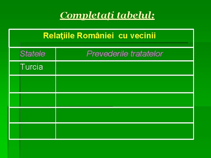 Completaţi tabelul: Relaţiile României cu vecinii Statele Turcia Prevederile tratatelor 
