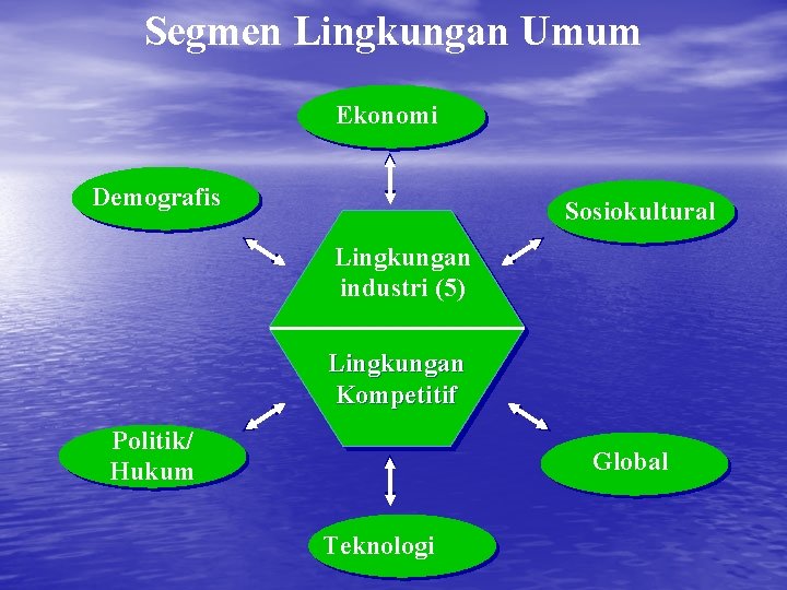 Segmen Lingkungan Umum Ekonomi Demografis Sosiokultural Lingkungan industri (5) Lingkungan Kompetitif Politik/ Hukum Global