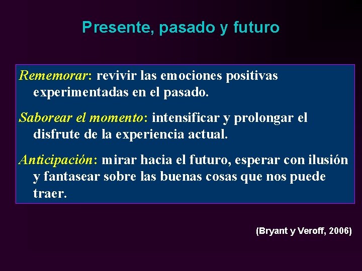 Presente, pasado y futuro Rememorar: revivir las emociones positivas experimentadas en el pasado. Saborear