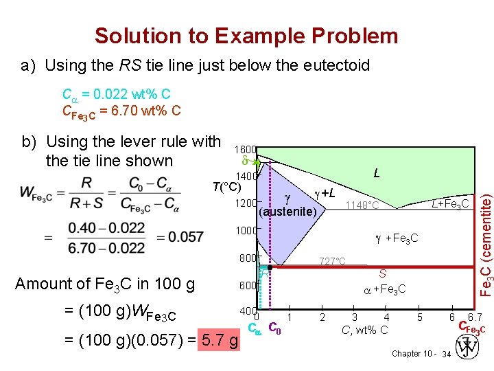 Solution to Example Problem a) Using the RS tie line just below the eutectoid Solution to Example Problem a) Using the RS tie line just below the eutectoid