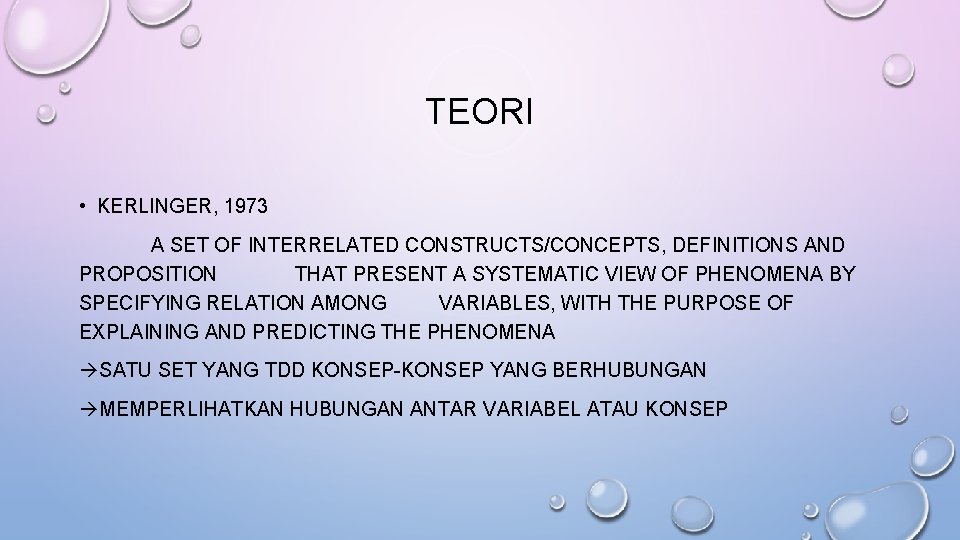 TEORI • KERLINGER, 1973 A SET OF INTERRELATED CONSTRUCTS/CONCEPTS, DEFINITIONS AND PROPOSITION THAT PRESENT