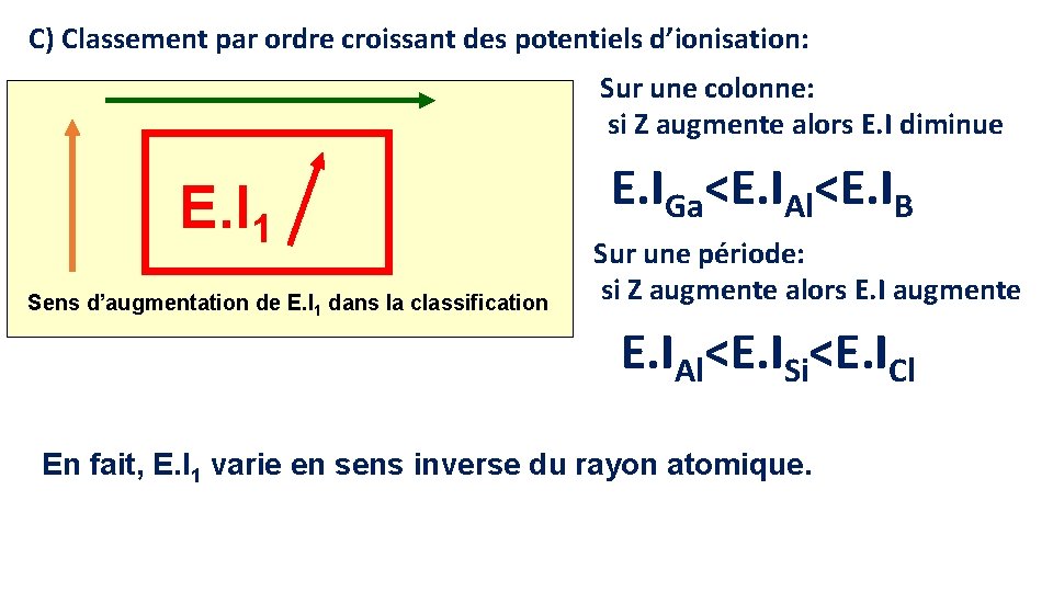 C) Classement par ordre croissant des potentiels d’ionisation: Sur une colonne: si Z augmente C) Classement par ordre croissant des potentiels d’ionisation: Sur une colonne: si Z augmente