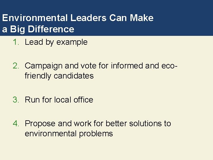 Environmental Leaders Can Make a Big Difference 1. Lead by example 2. Campaign and