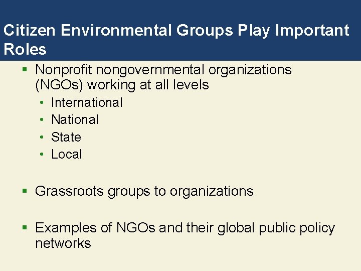 Citizen Environmental Groups Play Important Roles § Nonprofit nongovernmental organizations (NGOs) working at all