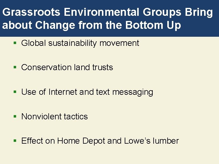 Grassroots Environmental Groups Bring about Change from the Bottom Up § Global sustainability movement