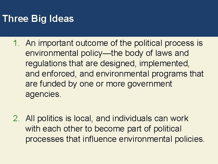 Three Big Ideas 1. An important outcome of the political process is environmental policy—the
